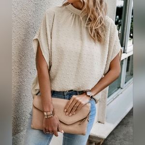 New Luxe Flowy Swiss Dot Tie Dolman Sleeve Top Blouse Light Beige Tan Cream